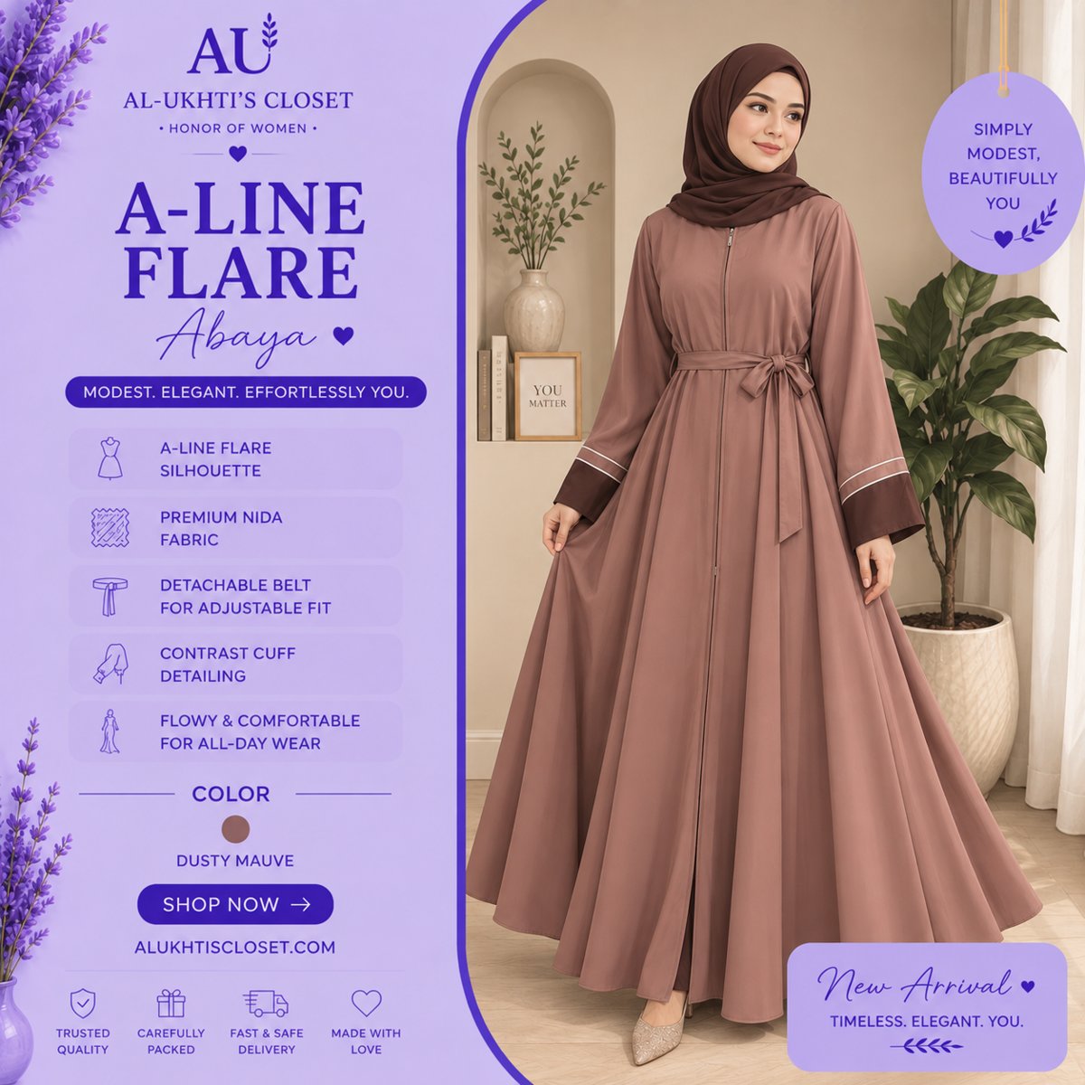 A-line flared abaya showing a flowing modest silhouette and full-length fit