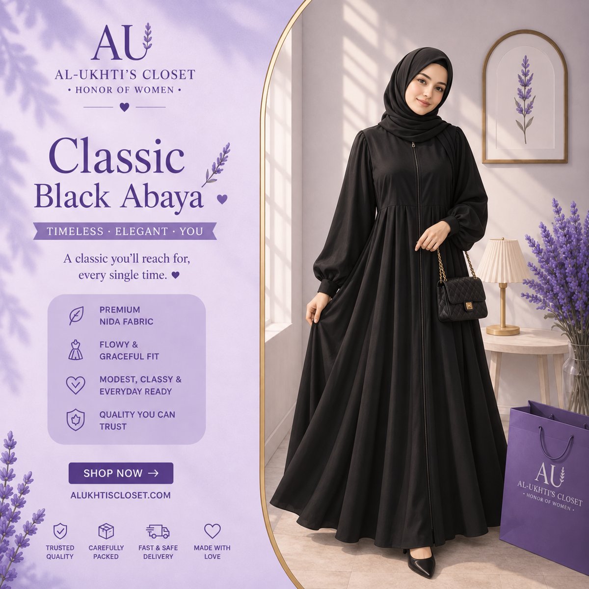 Classic black Nida abaya styled for a timeless modest wardrobe