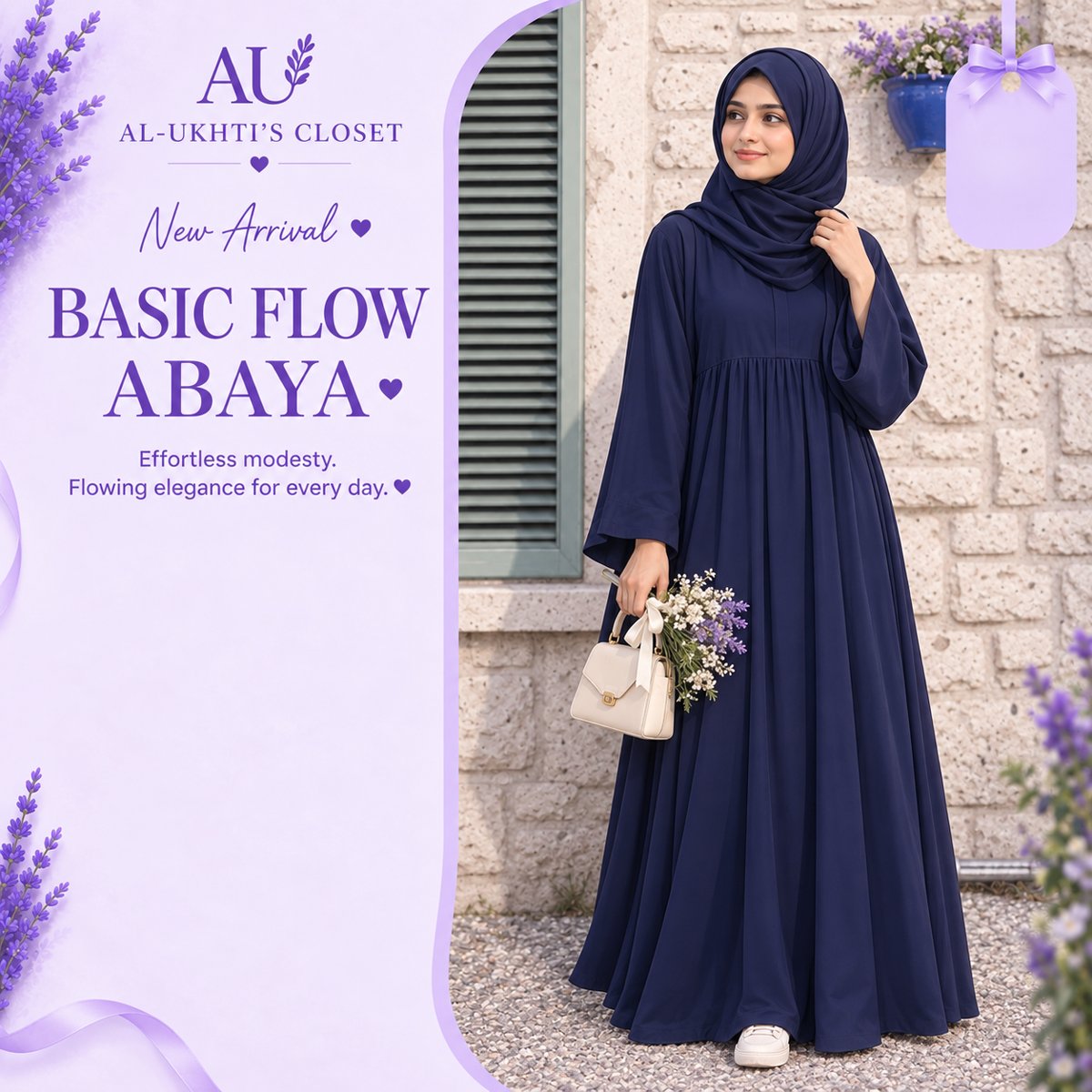 Woman in a flowing navy everyday abaya with a modest relaxed fit
